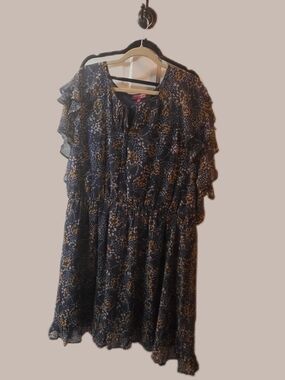Women's Blue Floral Ruffle-Sleeve Dress